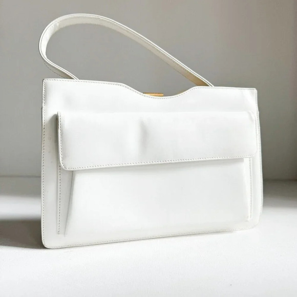 Vintage White Faux  Leather rectengular Top Handle Bag - Picture 3 of 7